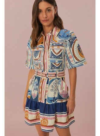 Cerrado Stamps Cream Short Sleeve Mini Dress