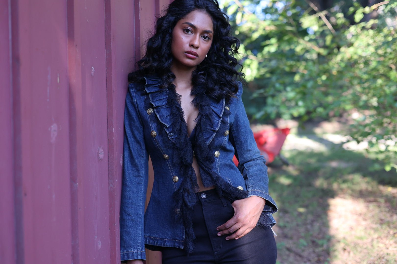 Elmira Denim Ruffle Sleeve Jacket with Lace Combo