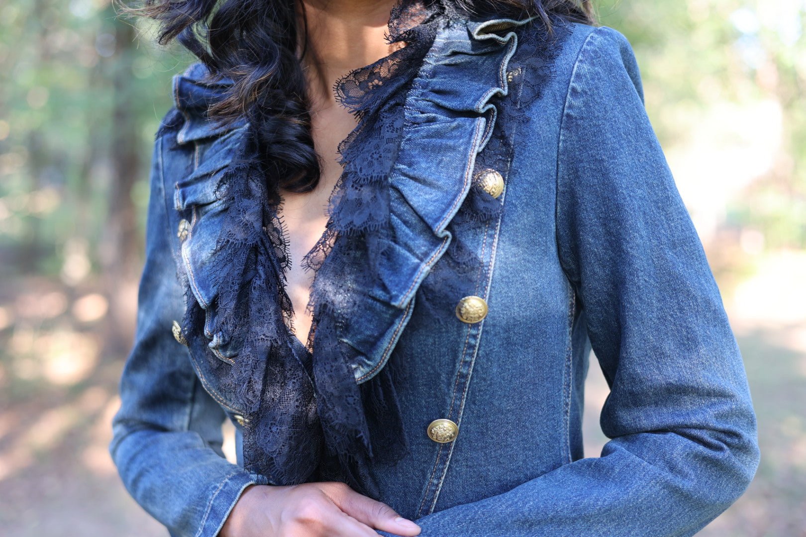Elmira Denim Ruffle Sleeve Jacket with Lace Combo