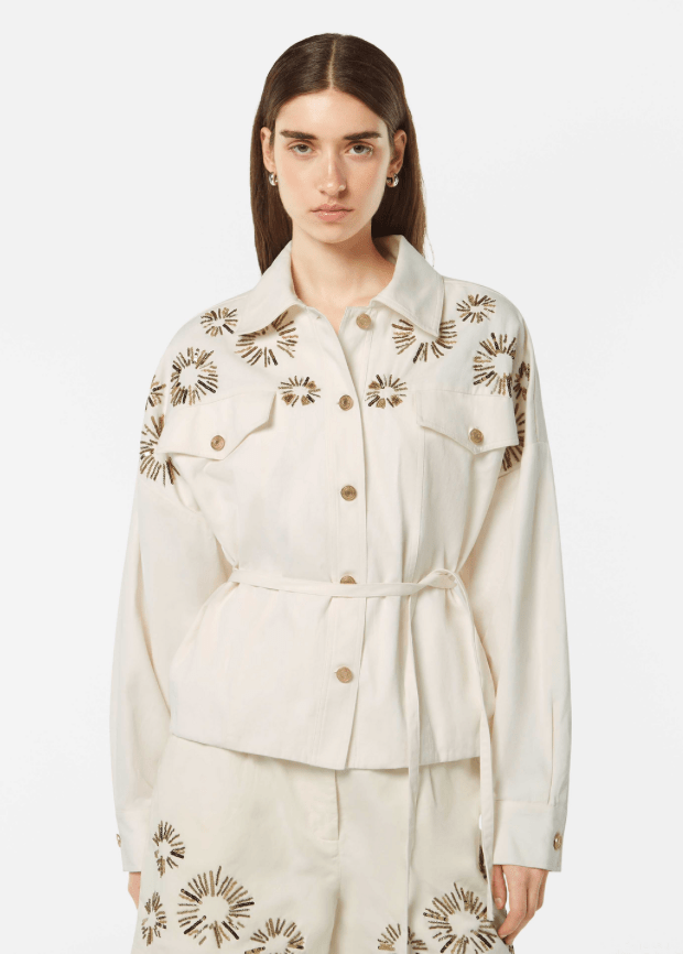Embellished Belted Cotton Trucker Jacket