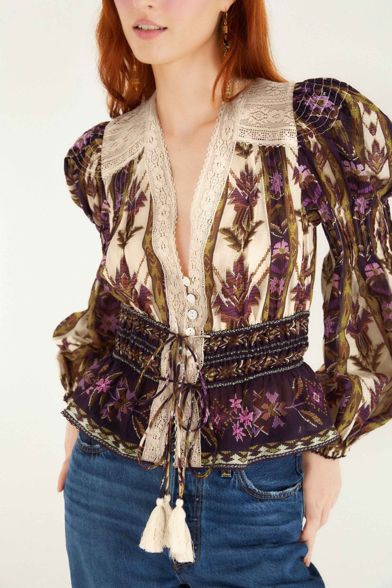 Embroidered Tapestry Sand Long Sleeve Blouse