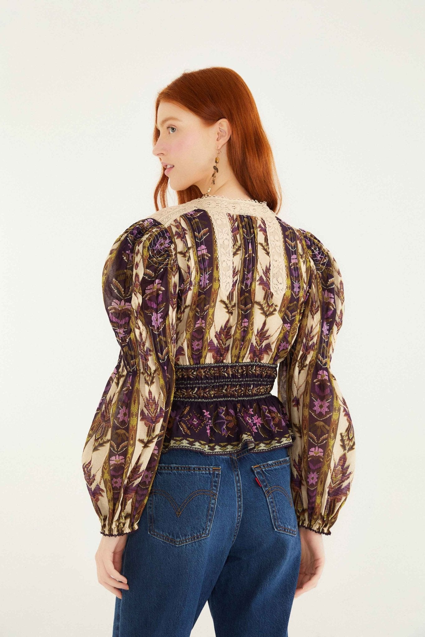Embroidered Tapestry Sand Long Sleeve Blouse