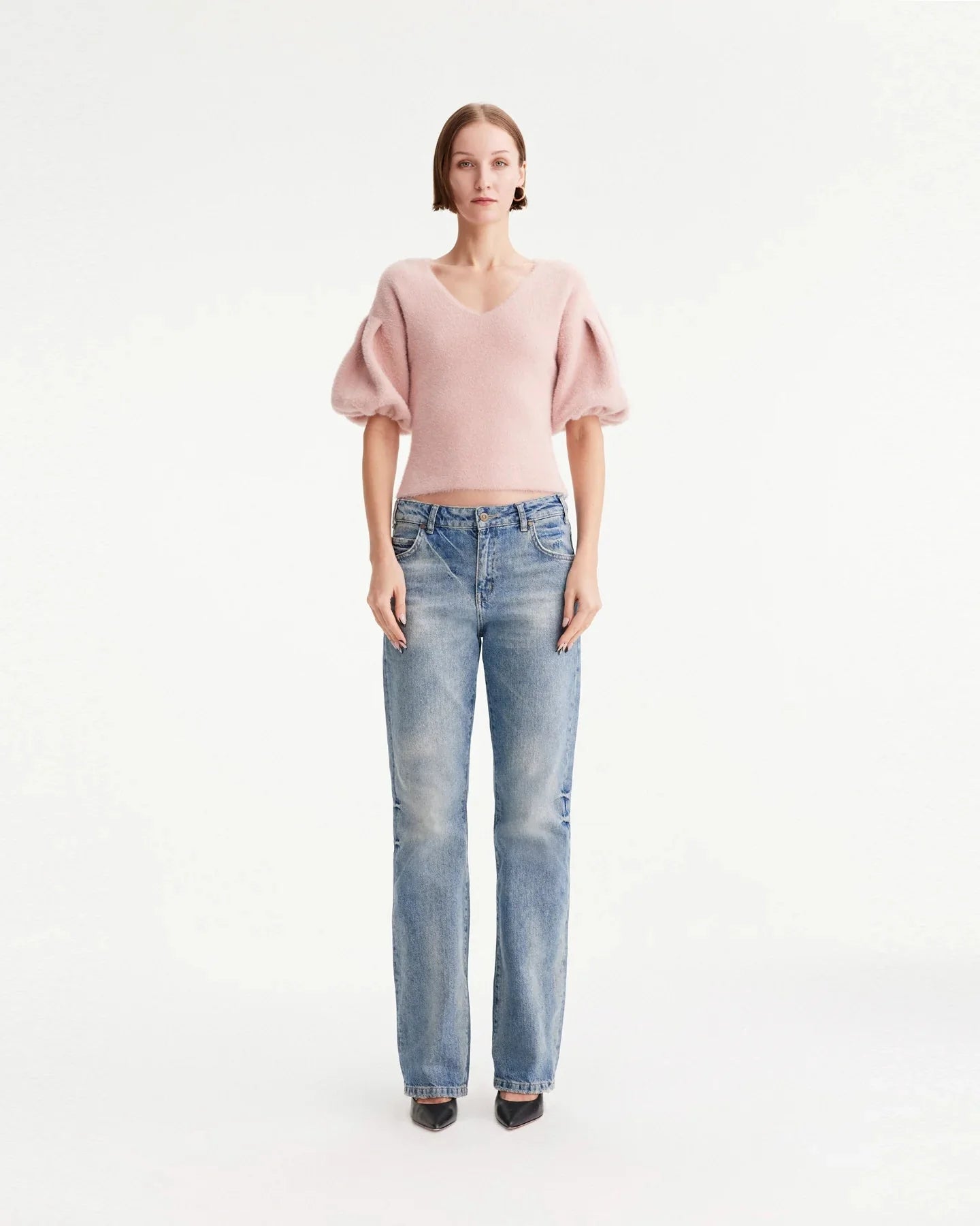 Ersa Bouffant Sleeve V-Neck Pullover