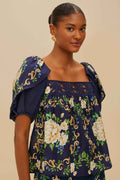 Flower Tapestry Blue Flowered Yoke Blouse
