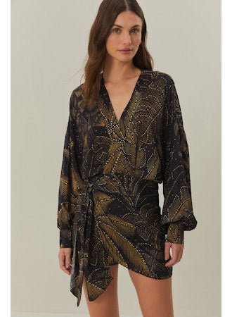 Golden Foliage Black Mini Dress Puffy Sleeve