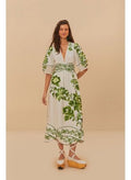 Green Floral Cascade Off-White Short Sleeve Midi Dress