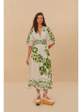 Green Floral Cascade Off-White Short Sleeve Midi Dress