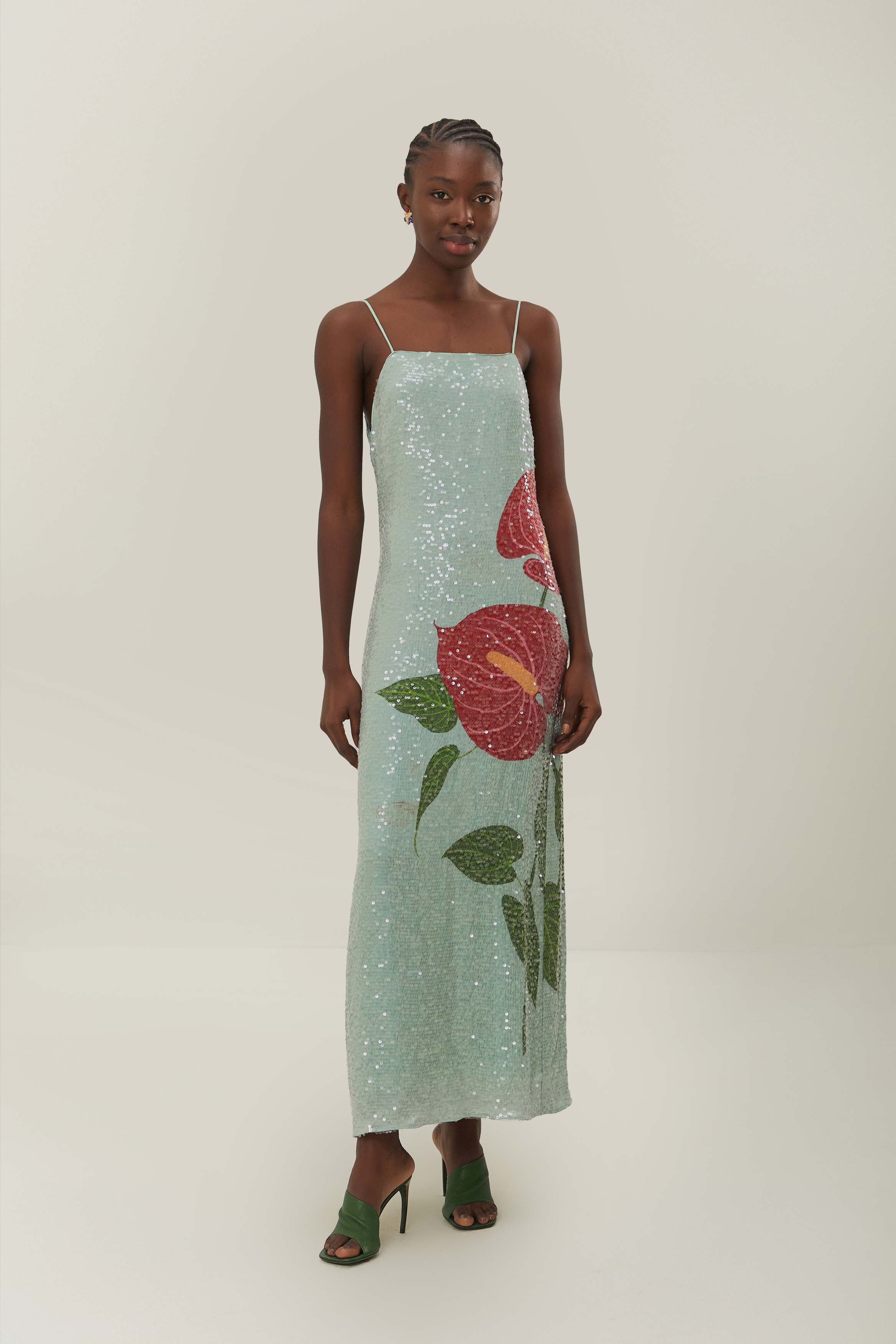Anthurium Flowers Blue Slip Maxi Dress