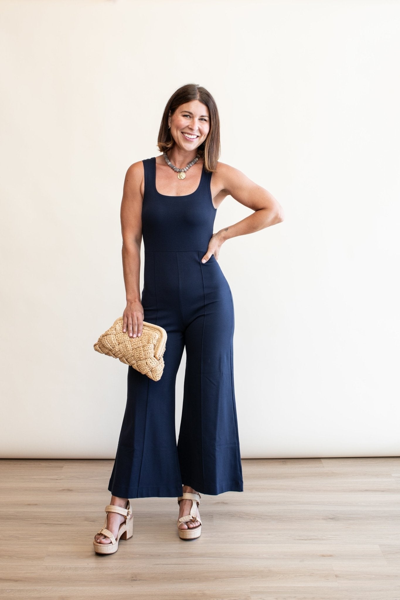 Ponte Knit Tank Wide Leg Jumpsuit Cropped
