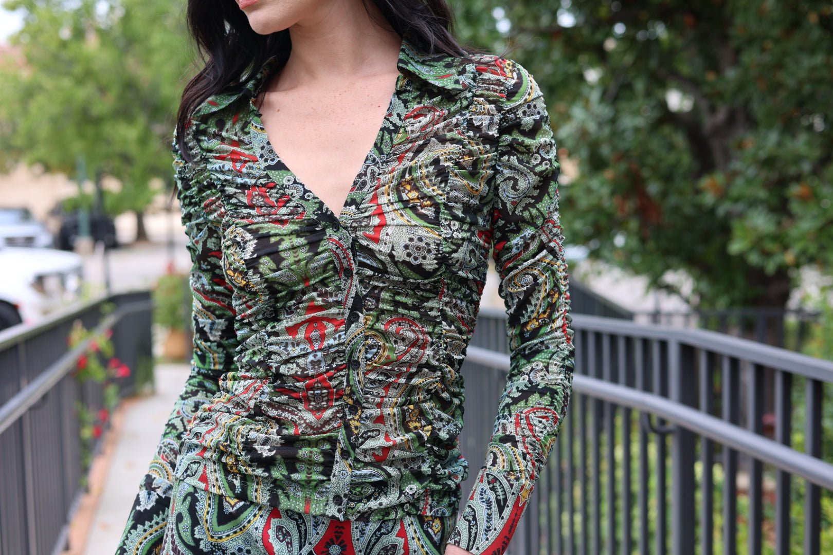 Portia Ruched Mesh Button Down